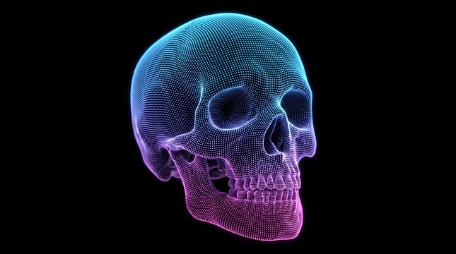 3D human skull glowing blue neon on black background for medical science and digital art or Vivid 3D skull model with neon glow ideal for science, tech, and creative projects.