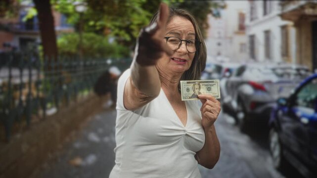 Senior woman holding a twenty dollar banknote and points finger with outstretched hand on a city street, wearing white top and glasses; demanding payment.