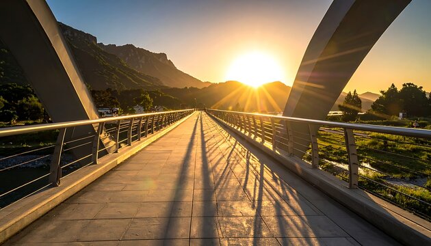 A long bridge with metal railings leads to a sunset