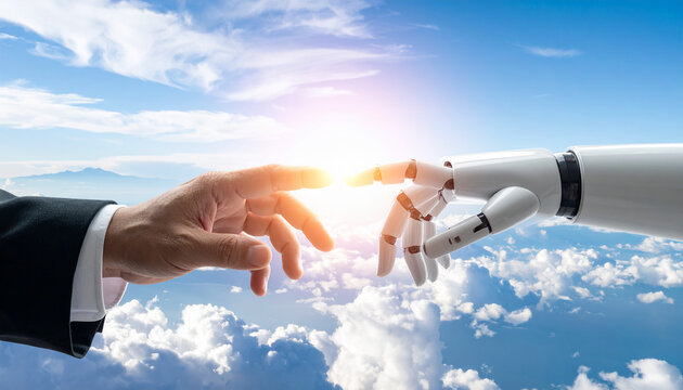 人間の指先とロボットの指先が触れ合うAIとの対話のイメージ