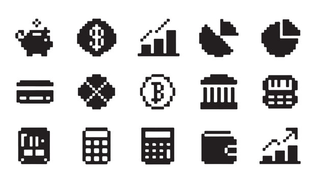 Pixelated financial icons set including money graphs and payment tools.