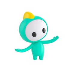 Fototapeta premium Cute 3D render LIttle Bot character thinking and comparing options with both hands open, thoughtful and curious mascot style, isolated on white background.