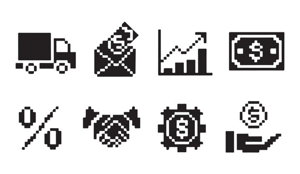 Pixel art finance icons set. eight bit business signs collection, money and delivery symbols.