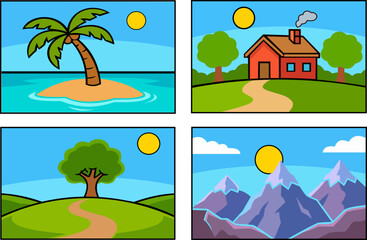 Fototapeta premium A set of four colorful cartoon landscape scenes with sunny skies
