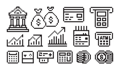 Obraz premium Set of pixel art financial icons including banking building bags of money and atm machines.
