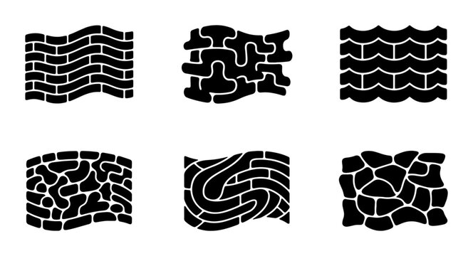 Set of six abstract black and white patterns with wavy brick and stone textures, representing textures and backgrounds Vector