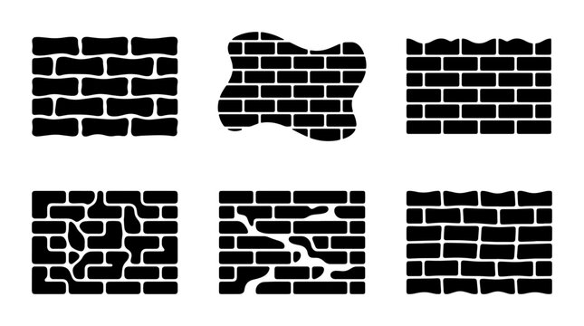 Collection of black brick wall patterns with irregular shapes and textures, abstract graphic design elements Vector
