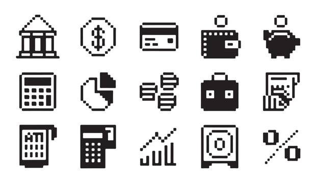 Collection of financial pixel icons showing bank building atm machines and pie charts.