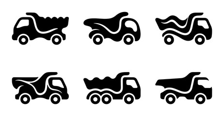 Set of six black silhouette dump trucks with different shaped beds, icons for construction, transport, and industry Vector © MSTRANI