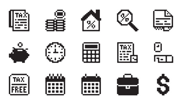 Set of pixelated icons related to taxes accounting and financial management with calculator.