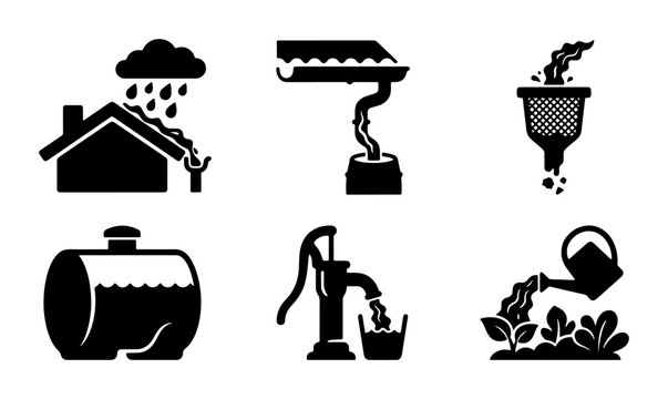 Set of icons showing water management systems including rain on house, gutter, filter, water tank, pump, and watering plants Vector