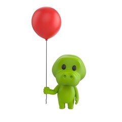 Cute 3D render Crocodile character holding a balloon, playful and cheerful mascot style, isolated on white background for celebration, party, and digital design.