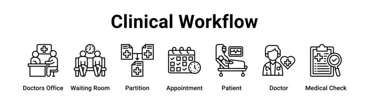 Clinical Workflow web banner icon vector illustration concept for medical with icon of Doctors Office, Waiting Room, Partition, Appointment, Patient, Doctor.