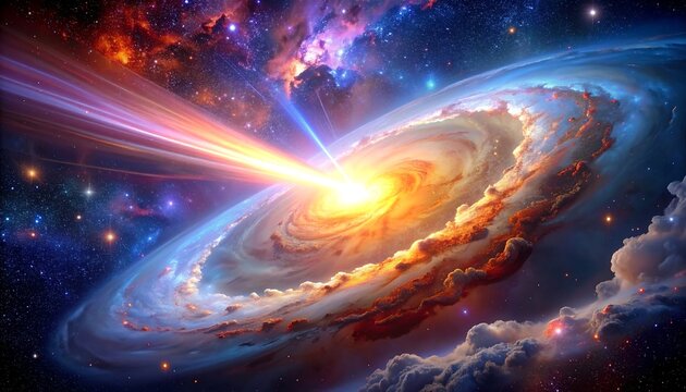 A vibrant cosmic depiction of a celestial phenomenon. Swirling energy surrounds a central, luminous core with beams extending outwards