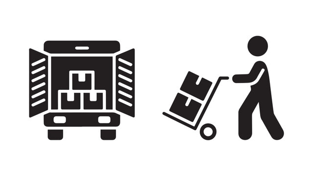 Logistics shipping service graphics showing delivery truck loading process and a man with hand truck