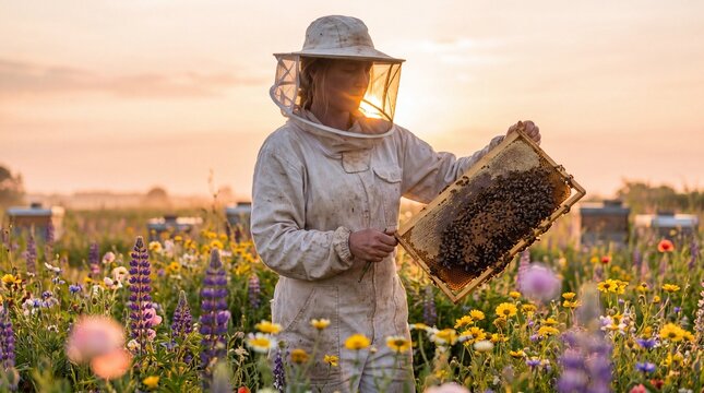 Female beekeeper in full protective suit carefully inspecting honeycomb frame at sunrise in wildflower meadow, sustainable beekeeping and pollinator conservation concept