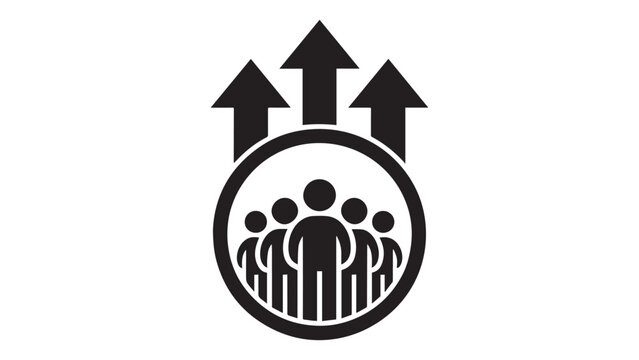 Business team crowd inside a circular frame with upward growth arrows showing career success
