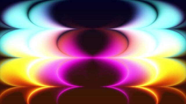 Colorful neon abstract symmetrical glowing pattern animation with iridescent gradient lights curve motion background, 4k resolution suitable for presentation, promotional ad, digital banner, etc.