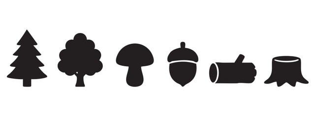 Black Silhouette Set of Pine Tree, Round Tree, Mushroom, Acorn Log and Bookmark Forest Elements © Wimas