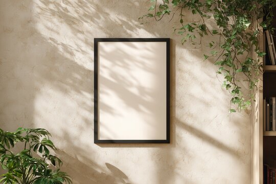 a blank black frame mockup hanging on an industrial wall, with plants and bookshelves in the background, creating a cozy home office ambiance. the frame is centered against the textured beige walls