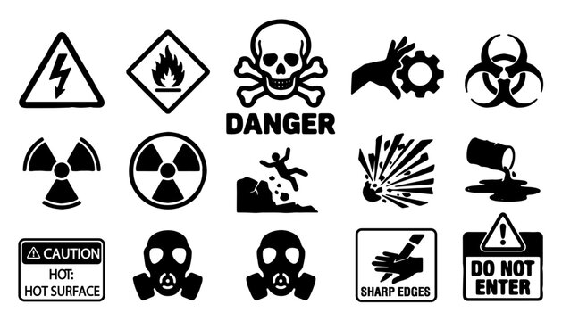 Industrial danger warning signs collection, 15 safety hazard icons set, black caution symbols for workplace security and risk prevention