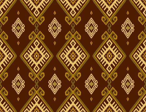 Hand-drawn seamless luxurious traditional diamond ethnic pattern featuring ikat motifs in rich chocolate brown gold and sage green for premium wallpaper and upholstery fabric