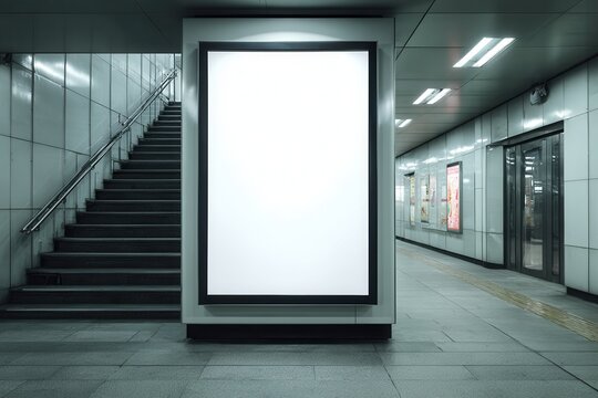 a blank vertical billboard is located on the wall of an underground station, with space for your advertising or design in front of it. the frame has no text and shows only a white background