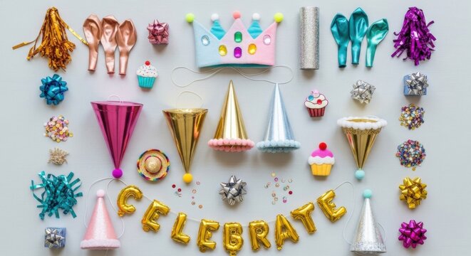 Party supplies and decorations with celebrate gold balloon banner on grey background