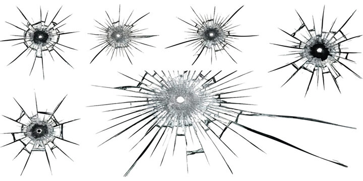 Set of realistic broken glass cracks and bullet hole impact marks on a hard surface