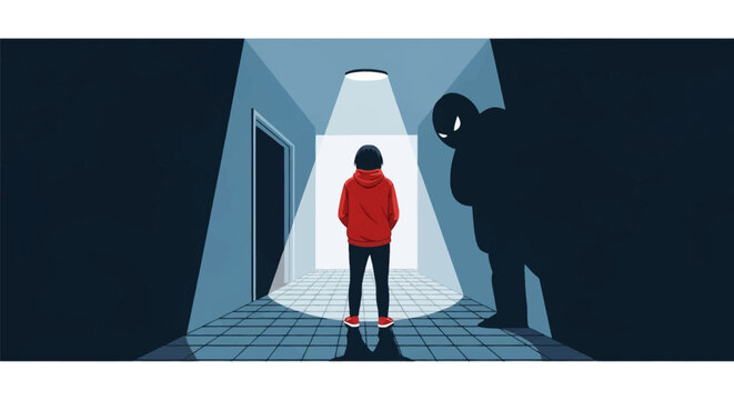 A person in a red hoodie stands in a spotlight in a dark hallway while a large menacing shadow with glowing eyes looms behind them in this flat vector illustration.