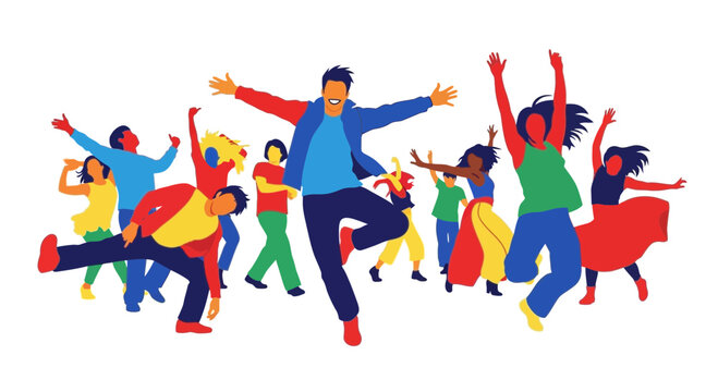 Diverse group of people dancing joyfully in colorful abstract style