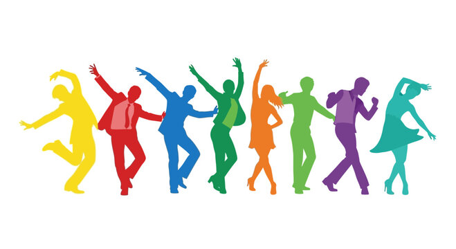 Diverse group dancing in rainbow colors