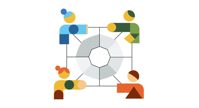 Diverse team collaborating around central idea, teamwork, connection