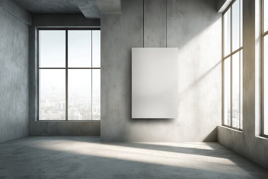 a blank white poster hangs on the wall of an empty room with a concrete floor and gray walls. the poster is in landscape format, hanging on one side of the frame sunlight streams through large window
