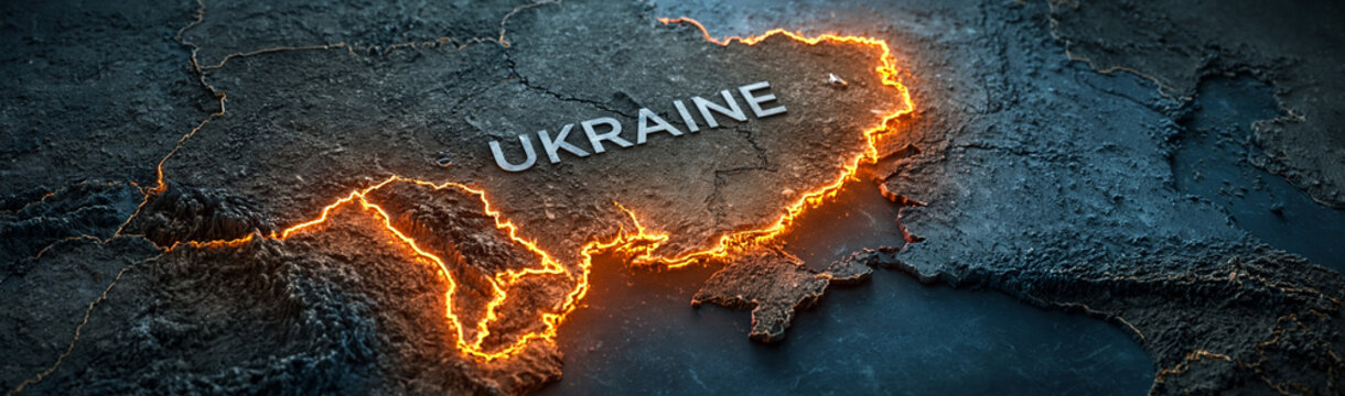 Ukraine in Crisis: A 3D map of Ukraine glows with fiery borders, highlighting the nation's current state of conflict and unrest.
