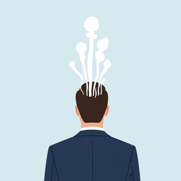 Flat vector illustration of a man in a navy blue formal suit seen from behind with white smoke or steam shapes exploding from his head against a light blue background.