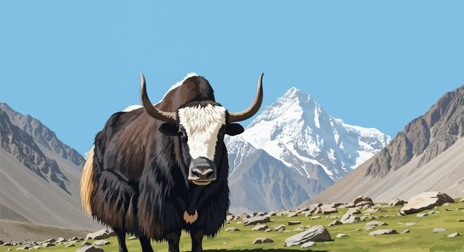 Detailed vector art of a domestic yak standing in a mountainous landscape with a high snow-capped peak, rocky tundra foreground, clear blue sky, and shaggy fur texture.