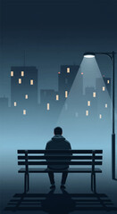 Fototapeta premium Minimalist vector illustration of a man seen from behind sitting alone on a wooden bench under a streetlight at night, overlooking a foggy city skyline with glowing windows.