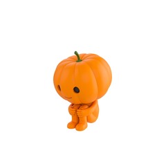 Cute 3D render Pumpkin character sitting on the floor hugging knees. Isolated on a clean white background.