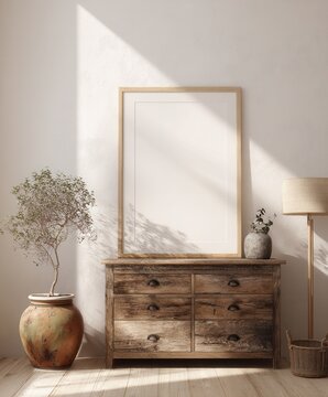 a blank wooden frame mockup hangs on the wall of an interior design studio, featuring rustic wood dressers and a floor lamp. the scene is bathed in warm natural light, creating soft shadows