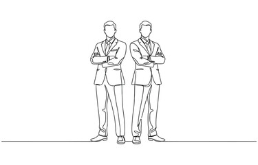 Obraz premium Continuous line drawing of two business people standing pose with arms crossed.