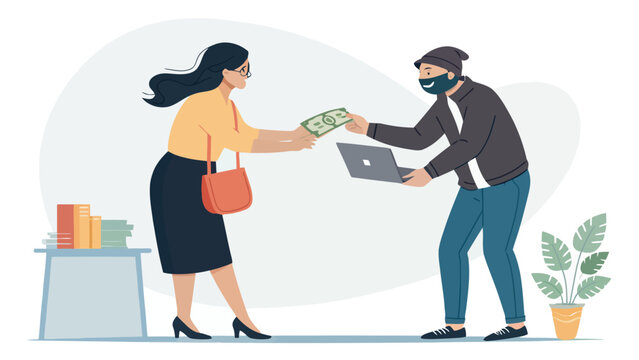Woman giving money to a masked thief holding a laptop with criminal computer technology cybercrime internet deception extortion underworld businesswoman transaction exchange transfer