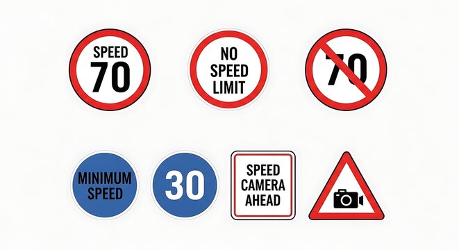 Set of Various Road Traffic Speed Limit and Warning Signs.
