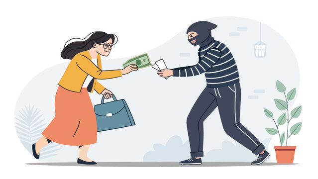 Woman running from a thief demanding money for a laptop with criminal computer technology cybercrime internet deception extortion underworld businesswoman transaction exchange transfer