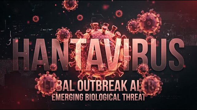 Hantavirus global outbreak alert text with red viral cells.