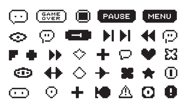 Pixel art interface button set for game development and retro style user interface design.