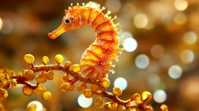 Vibrant Orange Seahorse Clinging to Coral Branch Underwater with Bokeh Lights.