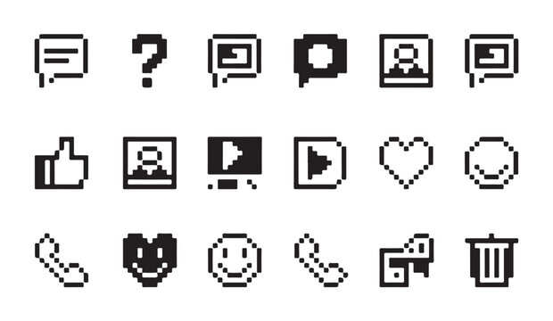 Set of pixel art icons for social media and communication design in retro computer style.