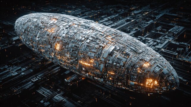 Enormous futuristic spacecraft hovers over a dense, dark cityscape illuminated by internal lights.