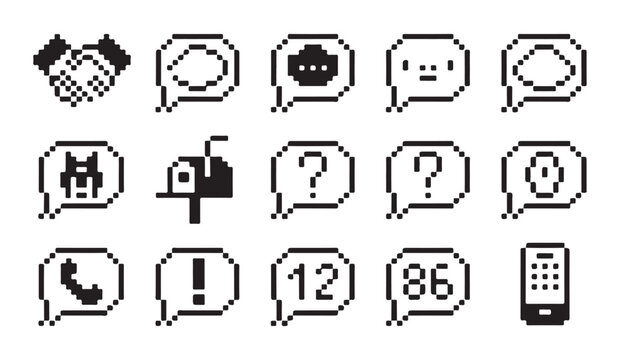 Detailed pixel art set of communication icons for digital interface and app development.